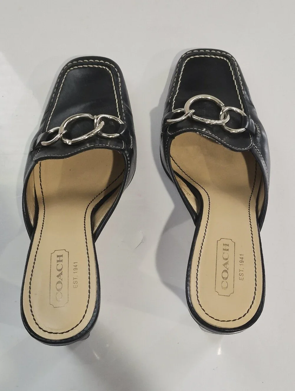 Coach Jacie Vintage Black Leather Ring-Detail Mule Heels Size 8B